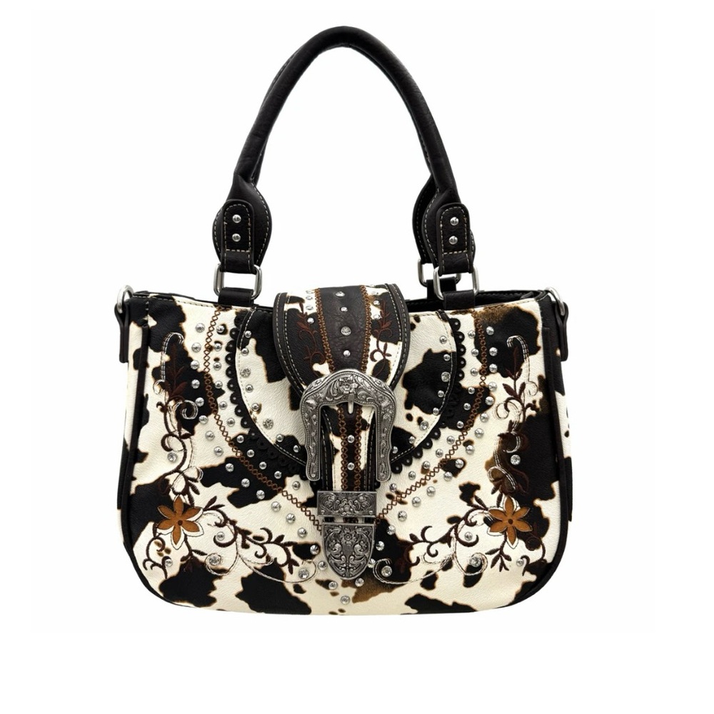 Cow Print Western Leather Buckle Crossbody Purse